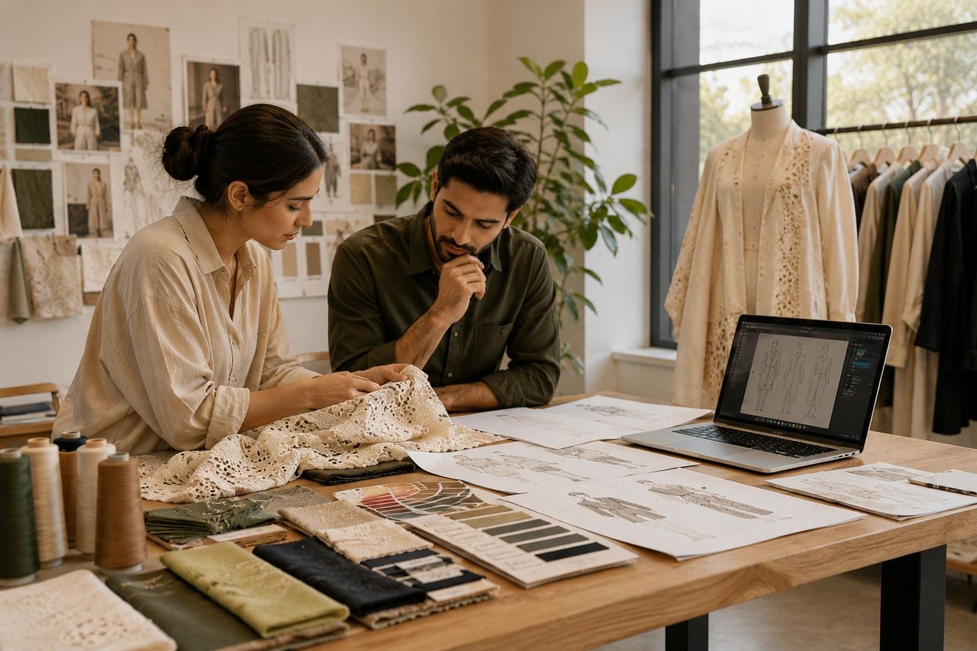 Design team reviewing fabric samples and sketches